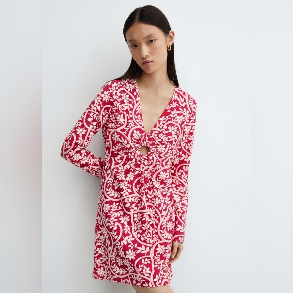 Mango Red and White Floral dress hoop detail NWT